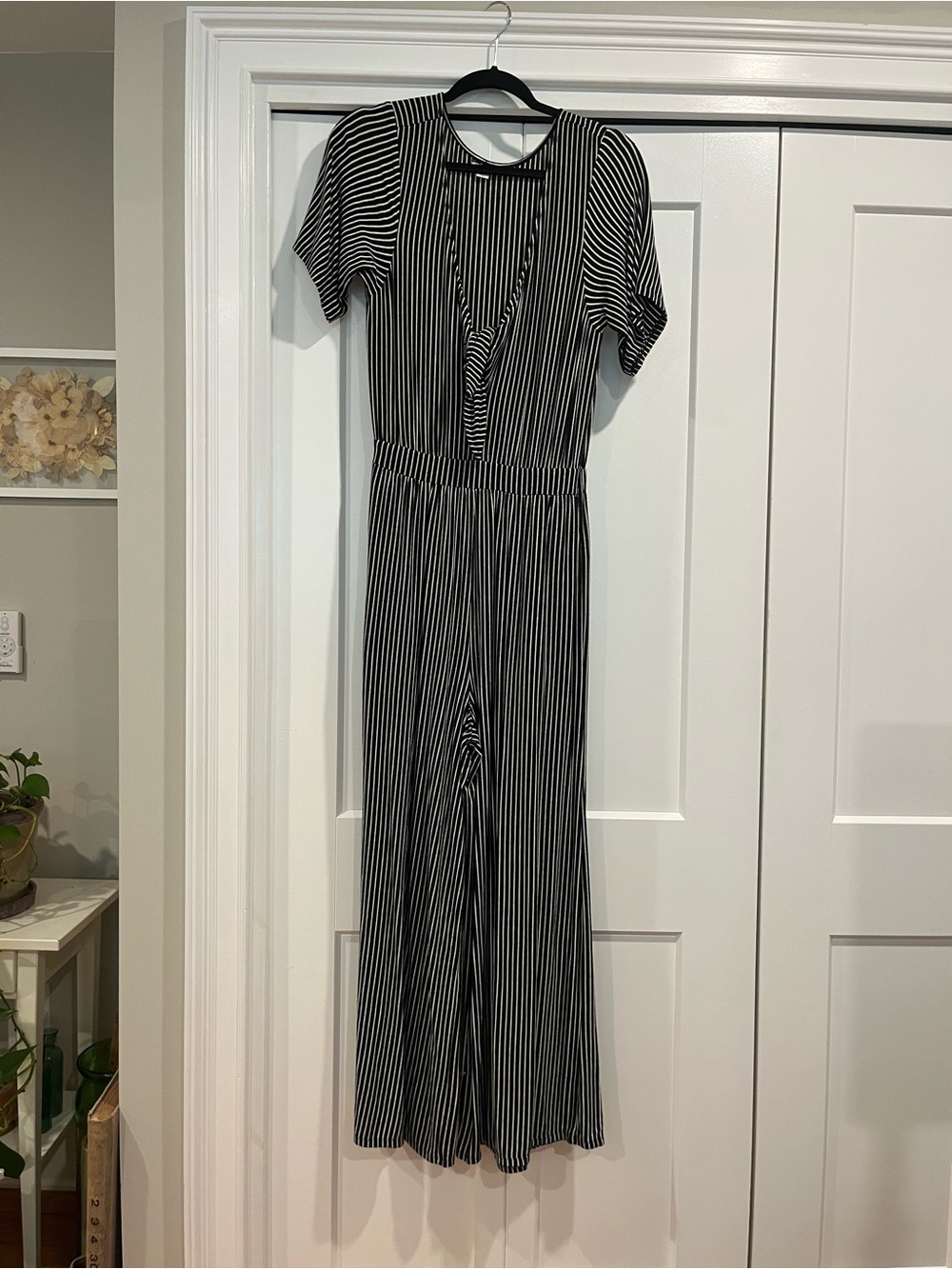 American Eagle Outfitters Black and White Striped Short-Sleeve Jumpsuit